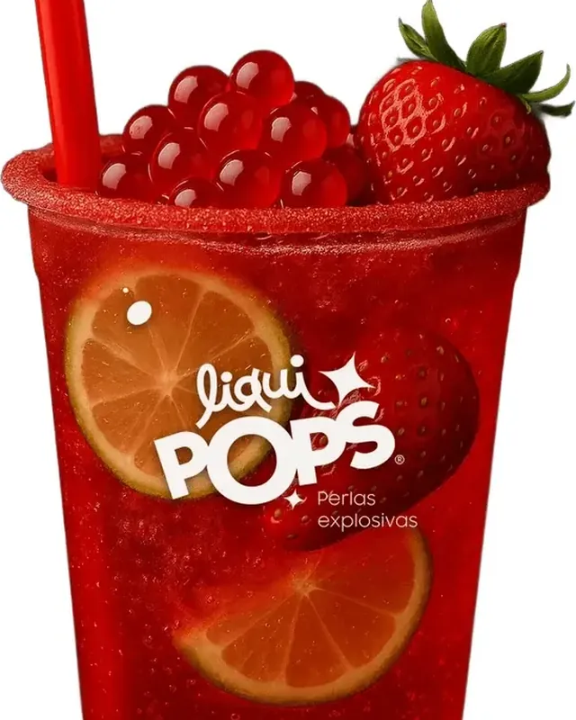 Soda vermelha com pérolas explosivas LiquiPops sabor morango